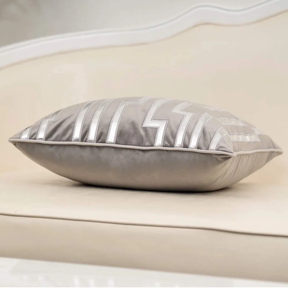 Luxury Home | Elegant Grey Soft Velvet Faux Leather Applique Throw Pillow Cover